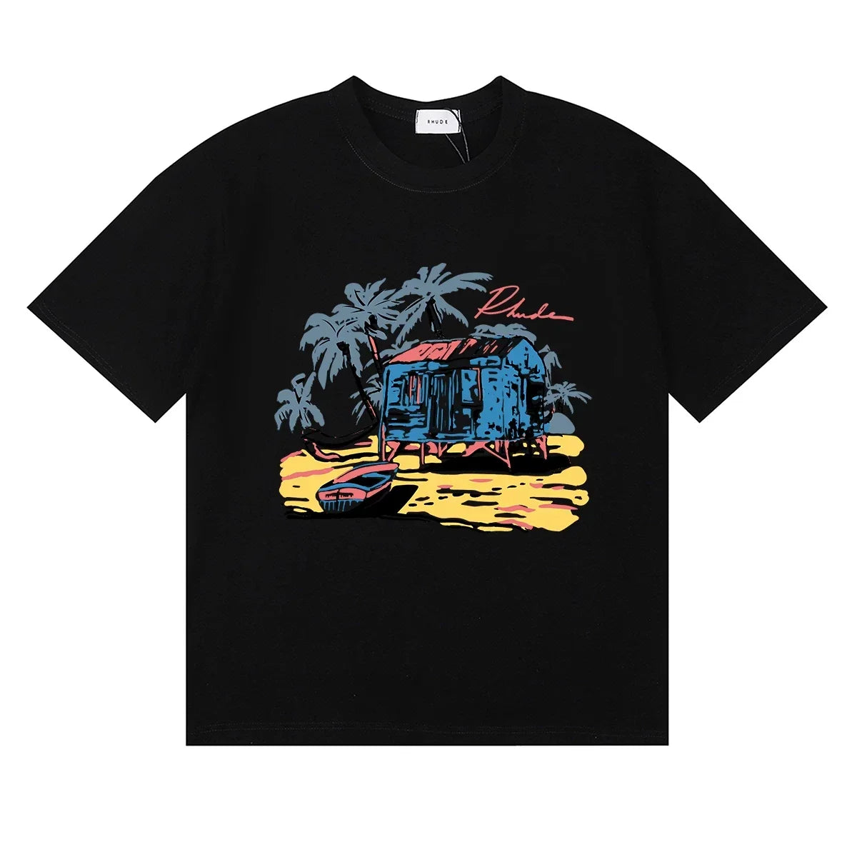 Rhude Tropical Beach Hut Palm Tree Retro Black Oversized T‑Shirt