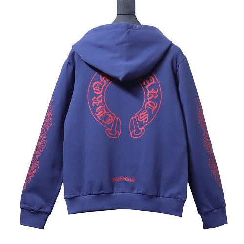 Chrome Hearts Pink Horseshoe Floral Sleeve Pullover Hoodie Blue