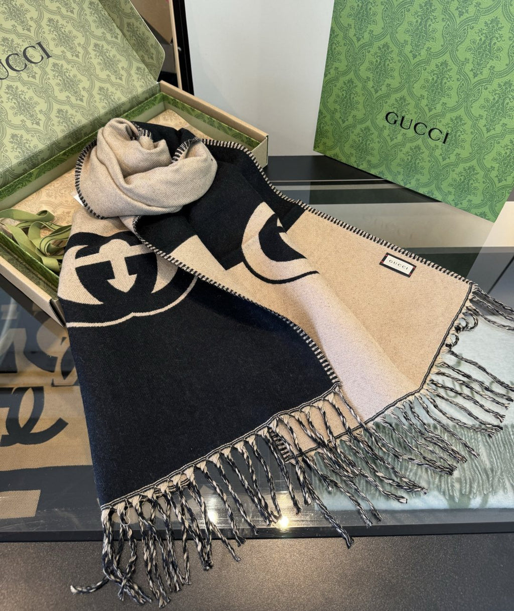 Gucci Black and Beige Fringe Scarf