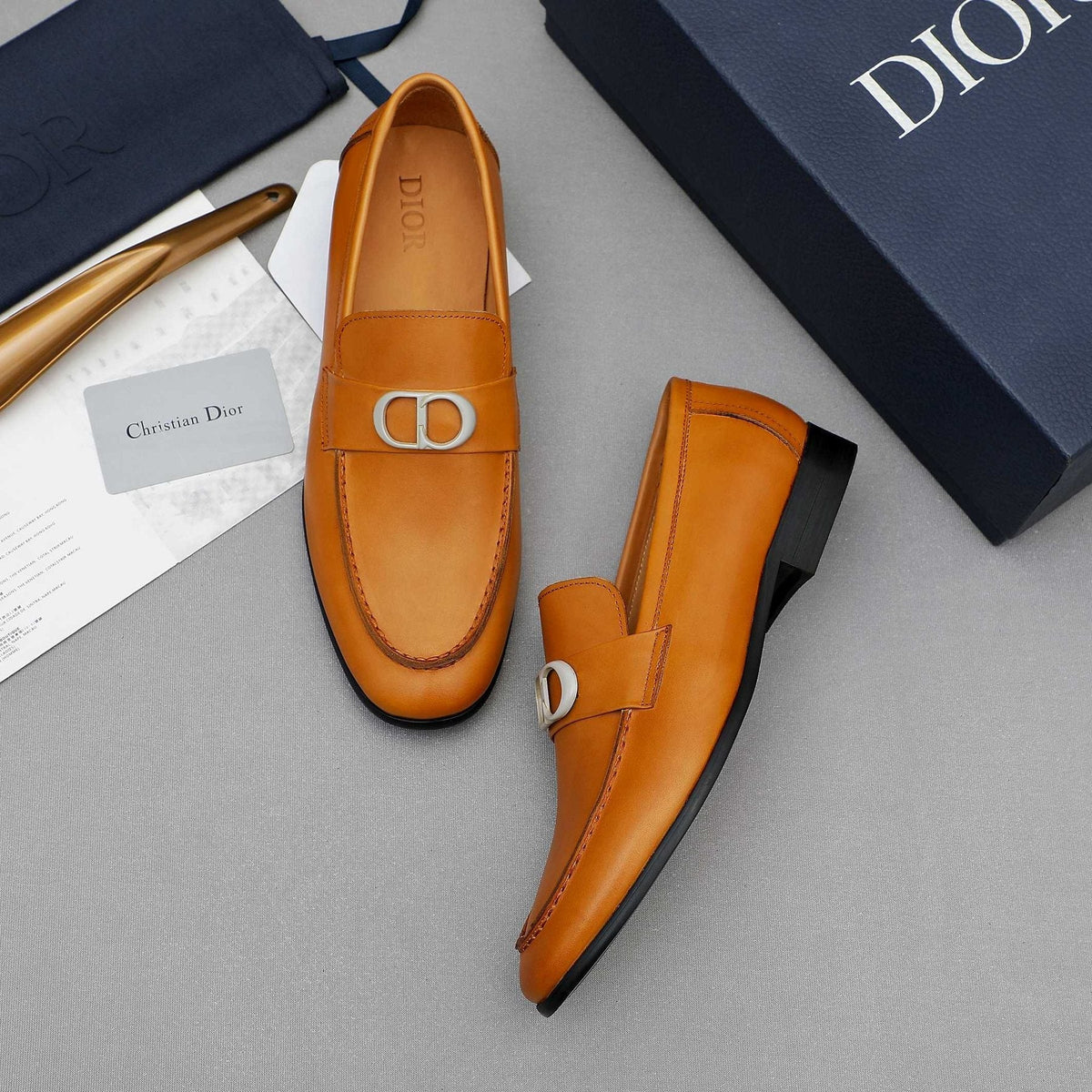 Dior Tan Leather Buckle Loafers