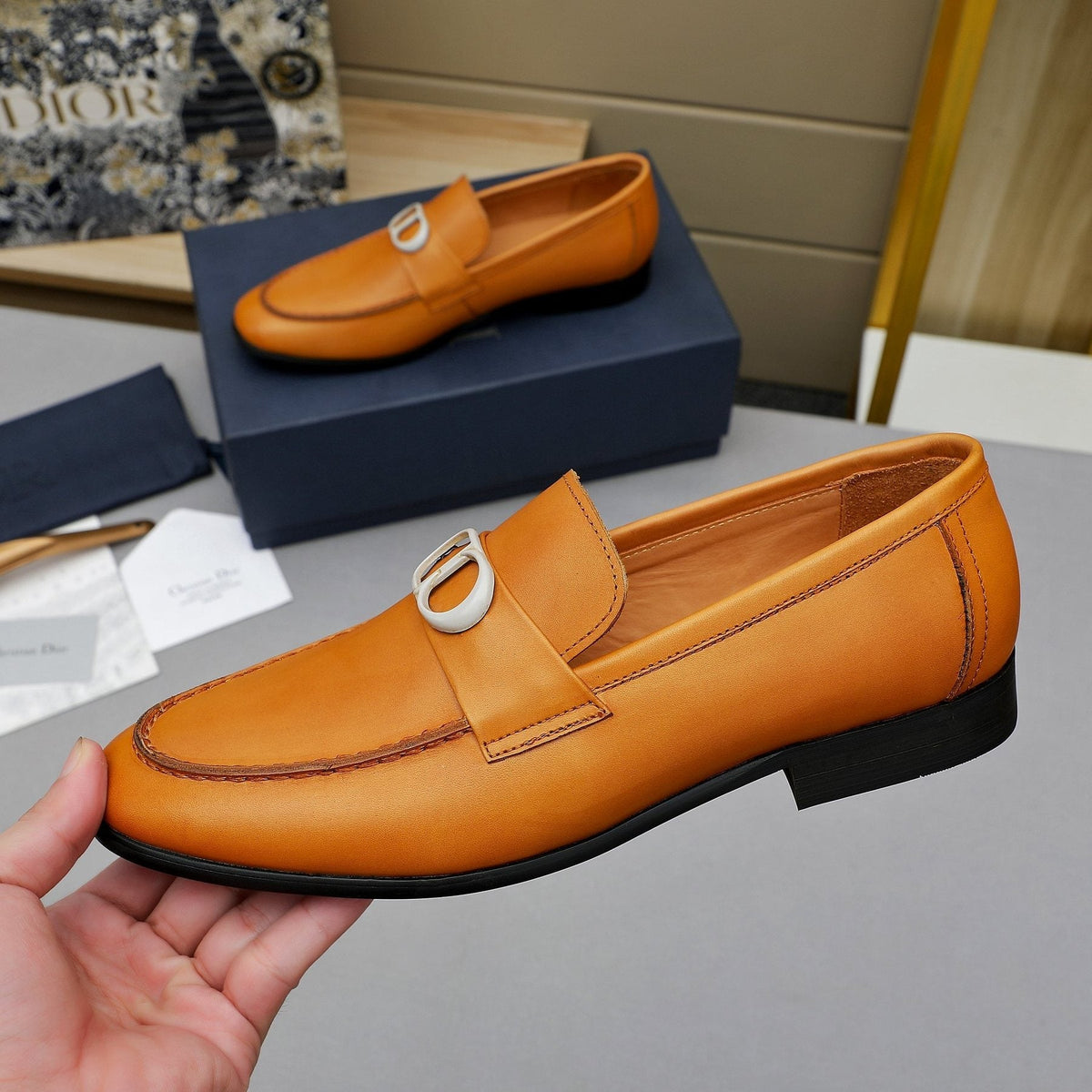 Dior Tan Leather Buckle Loafers