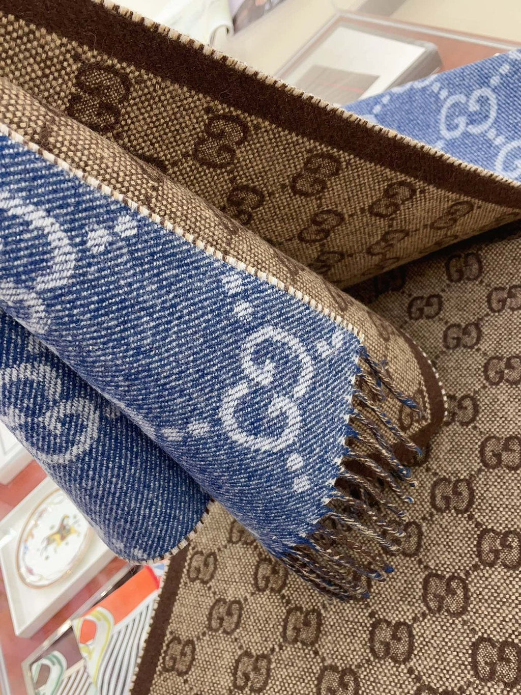 Gucci Blue & Brown Reversible Fringed Scarf