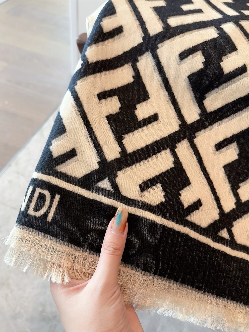 Fendi Geometric Monogram Fringe Scarf