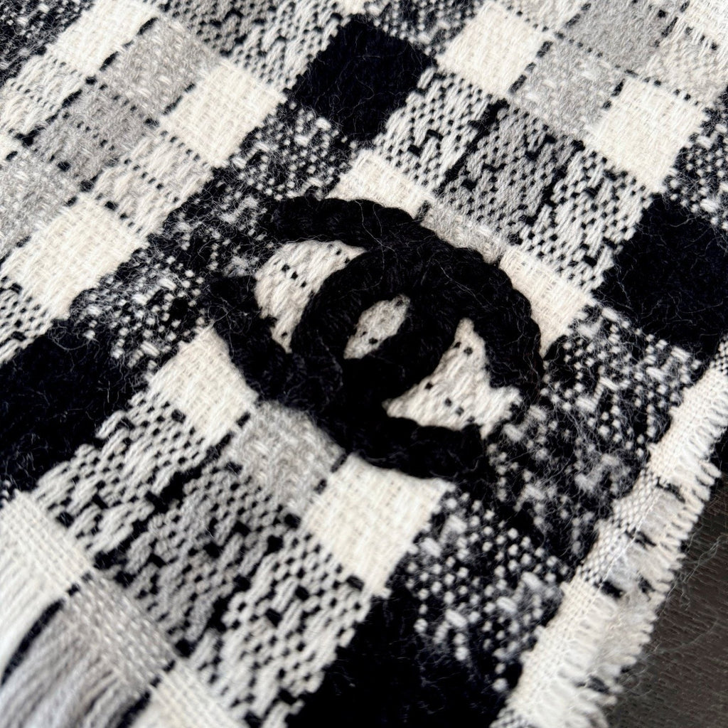 Chanel Black and White Plaid Fringed Scarf