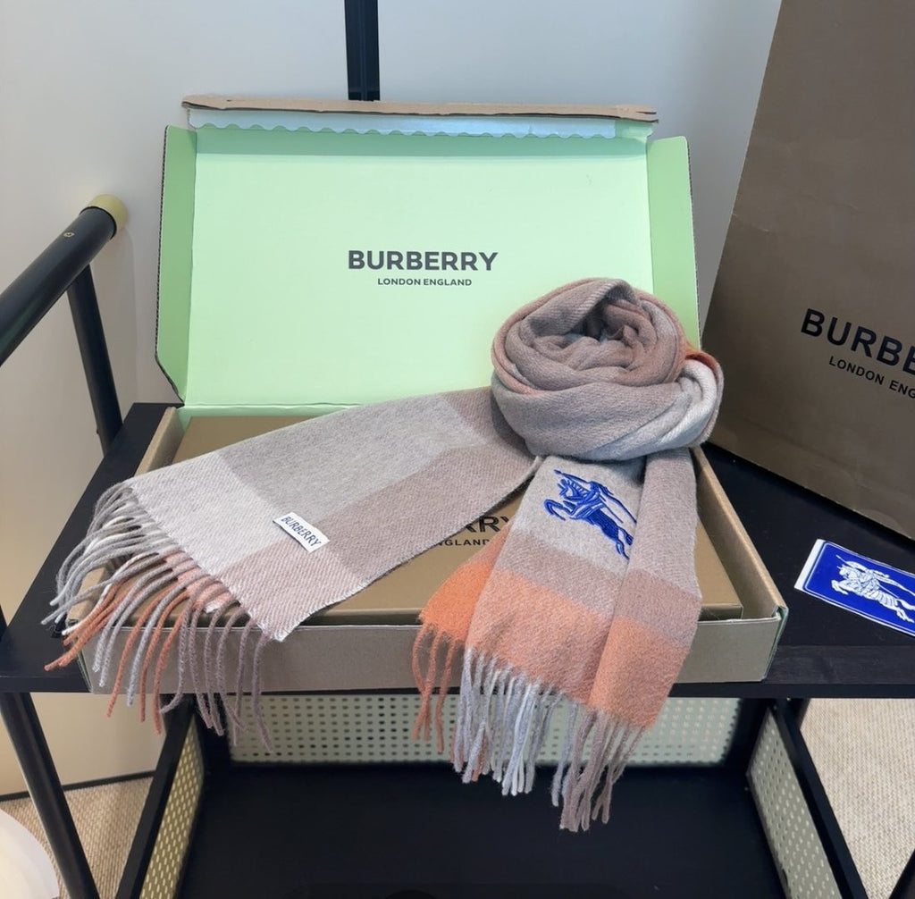 Burberry Taupe Plaid Fringed Scarf