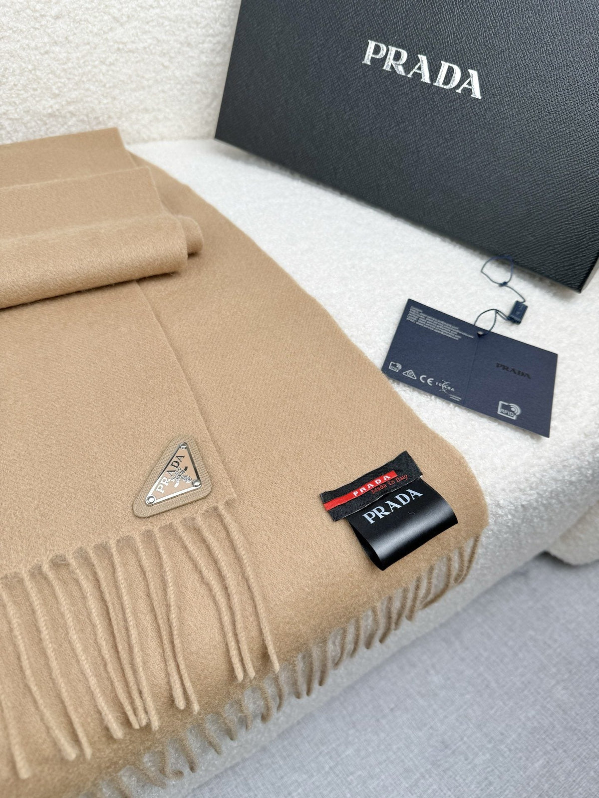 Prada Fringed Triangle Plaque Scarf