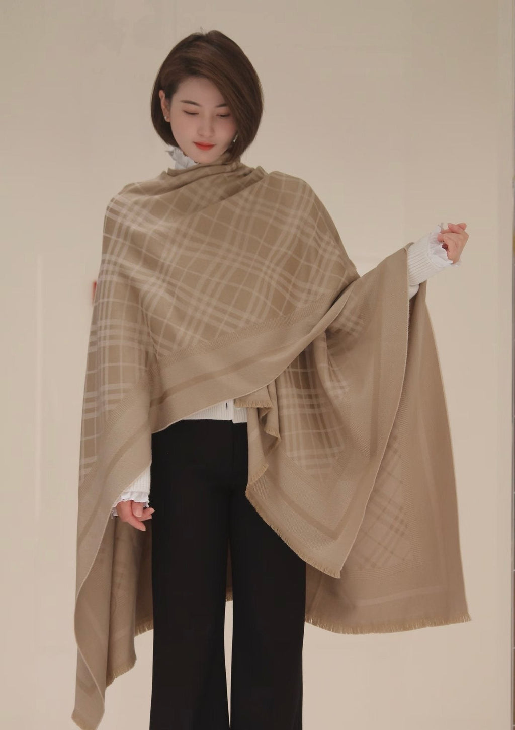 Fringed Check-Inspired Shawl
