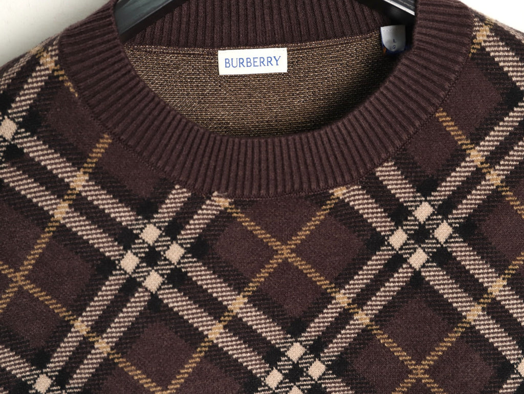 Burberry Diagonal-Check Crewneck Sweater - Dark Brown